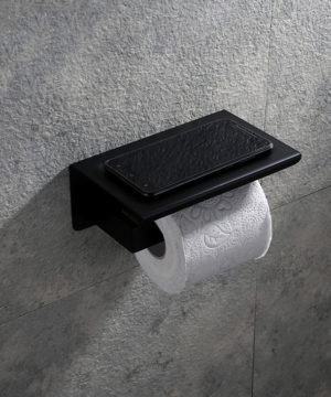 Čierny držiak na toaletný papier s poličkou