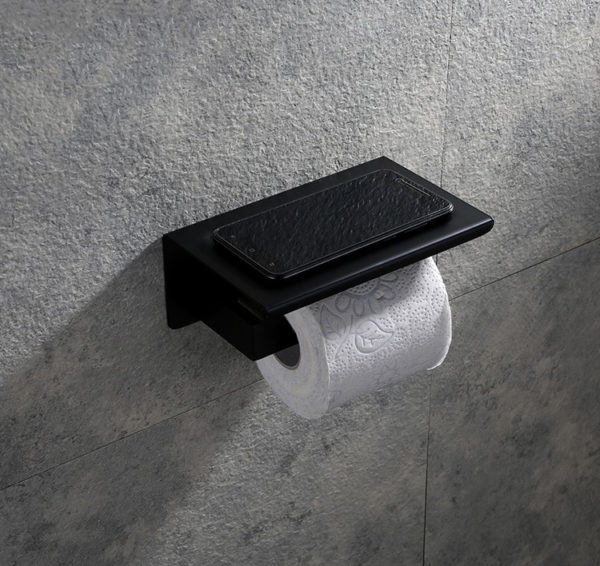 Čierny držiak na toaletný papier s poličkou