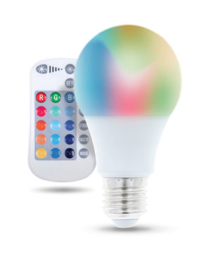 LED žiarovka E27 s diaľkovým ovládaním RGB, 9W, Teplá biela